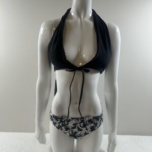 SHEKINI Bikini Set Womens L Black Halter Top Palm Print Bottoms Tropical Swim
